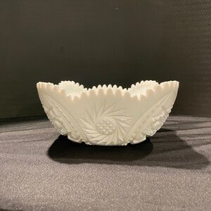Vintage Square Milk Glass Square Bowl w/ Sawtooth Edges and Geometric Etching